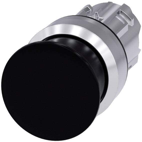 Un bouton-poussoir rond noir avec un bord argenté et un socle gris, adapté aux applications industrielles ou aux commandes de machines.