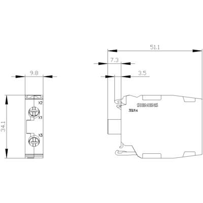 Dessin technique d'un relais Siemens avec dimensions : largeur 9,8 mm, hauteur 34,1 mm et profondeur 51,1 mm, bornes latérales X1, X2, X3.