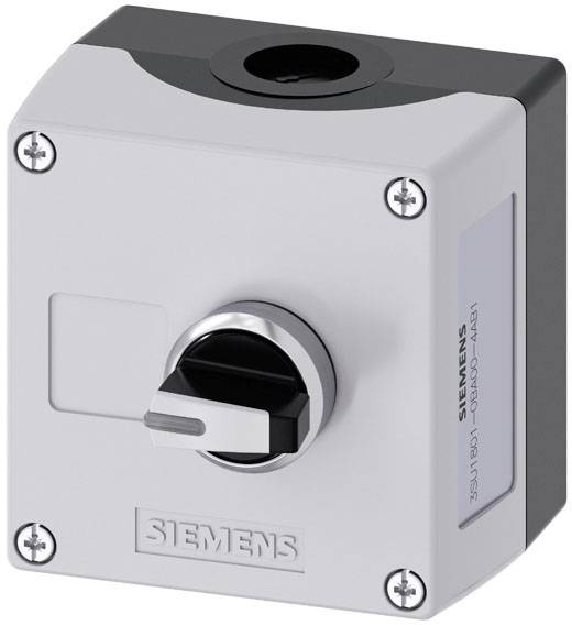 Un commutateur rotatif Siemens carré gris pour usage industriel, avec un bouton central de rotation et quatre vis aux coins.