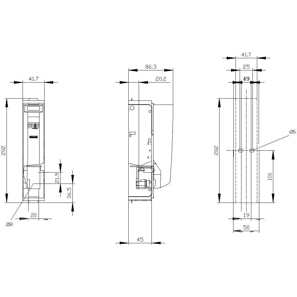 Dessin technique d'un appareil présenté sous trois vues avec des dimensions détaillées telles que la largeur, la hauteur et la distance entre les composants.