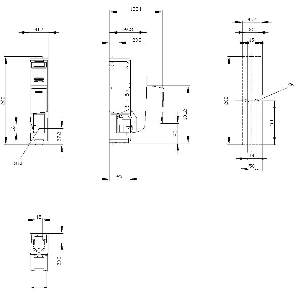 Dessin technique d'une machine avec différentes vues, dimensions et vues détaillées. Toutes les indications en millimètres.