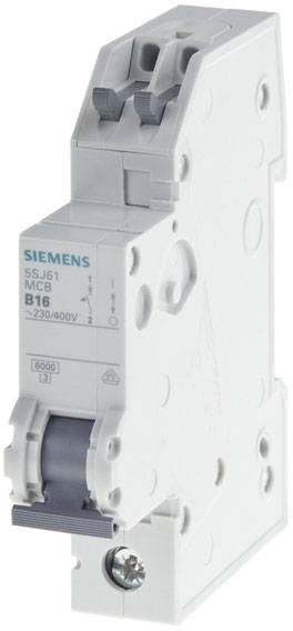 Un disjoncteur blanc avec une inscription bleue et un levier de commutation. Numéro de modèle '5SJ6', nom du fabricant 'Siemens'.