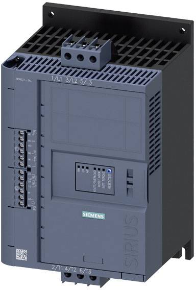 Un boîtier de commande électrique gris-bleu de Siemens, modèle Sirius, doté de plusieurs bornes de connexion et d'éléments de commande sur la face avant.
