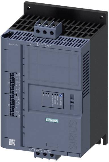 Dispositif de commutation industriel de Siemens, modèle SIRIUS 3RW30, pour la régulation des démarreurs de moteurs, dans un boîtier gris robuste.