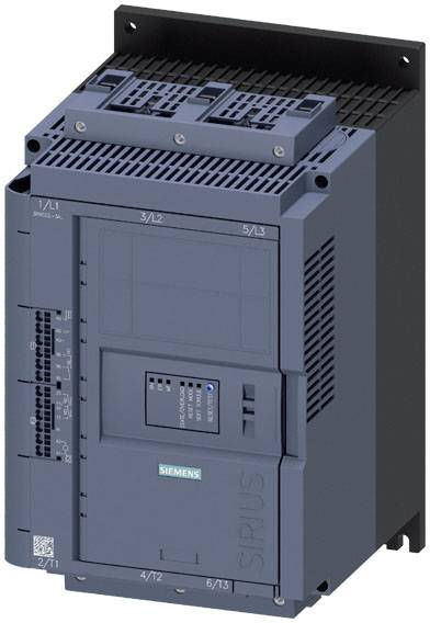 Démarreur progressif Siemens Sirius de couleur gris foncé, pour un démarrage et un arrêt en douceur des moteurs, conception compacte.