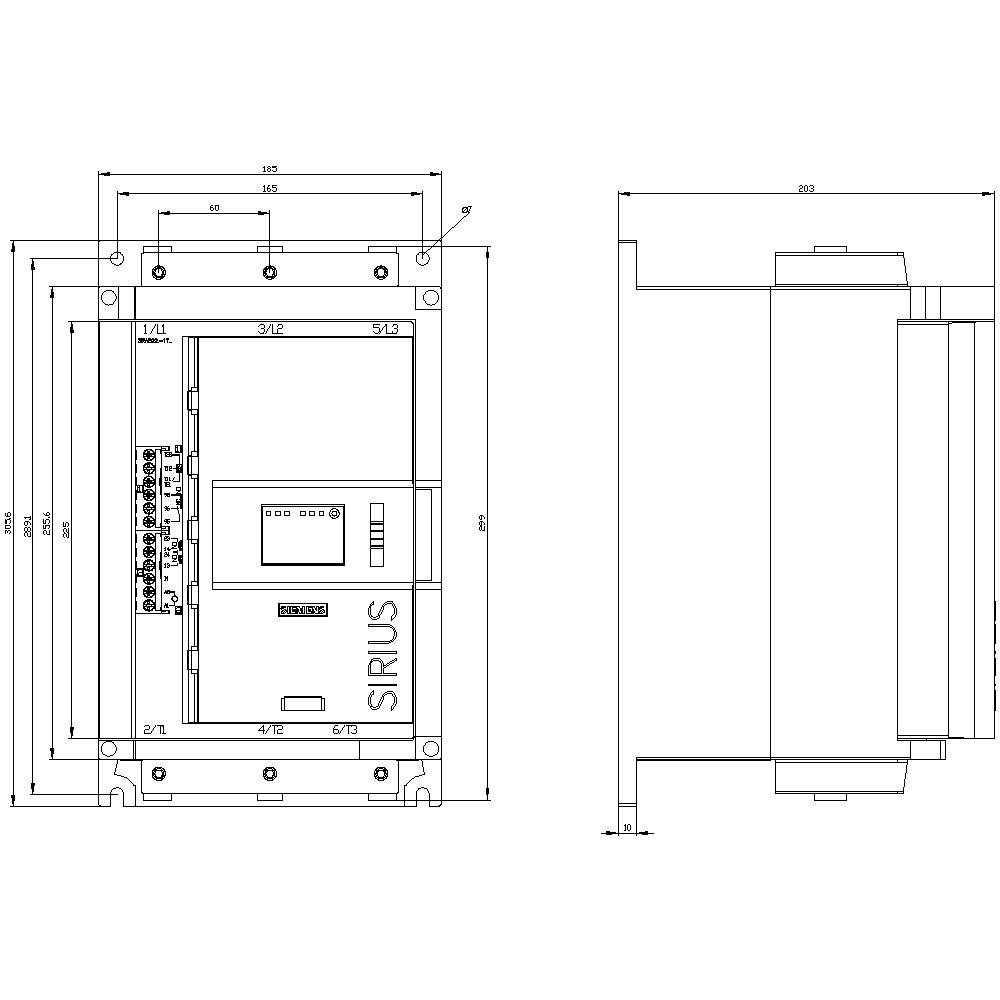 Dessin technique d'un interrupteur SIRIUS avec dimensions en millimètres. Vue détaillée de face à gauche, vue latérale à droite.