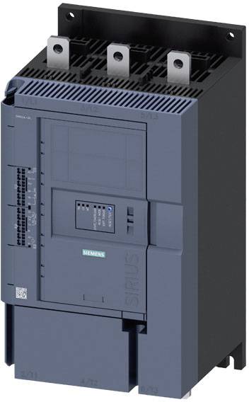 Appareil électronique portant le logo Siemens, probablement un dispositif de commande ou un démarreur de moteur, avec des interrupteurs et des connexions en haut.