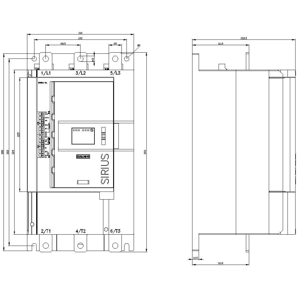 'Dessin technique d'un contacteur Siemens SIRIUS. Vue de face et latérale avec dimensions détaillées et bornes de raccordement.'