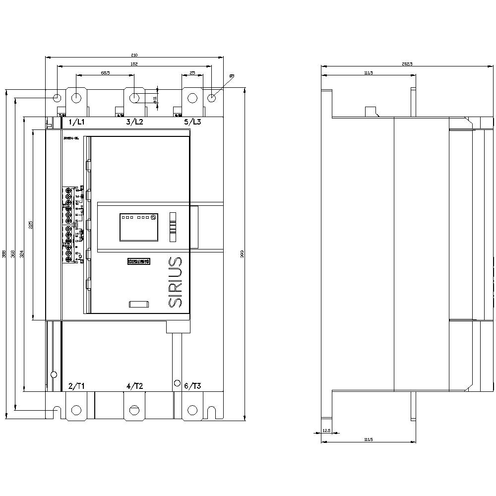 Schéma électrique d'un appareil SIRIUS avec dimensions détaillées et connexions, présentant les vues de face et de côté de l'appareil.