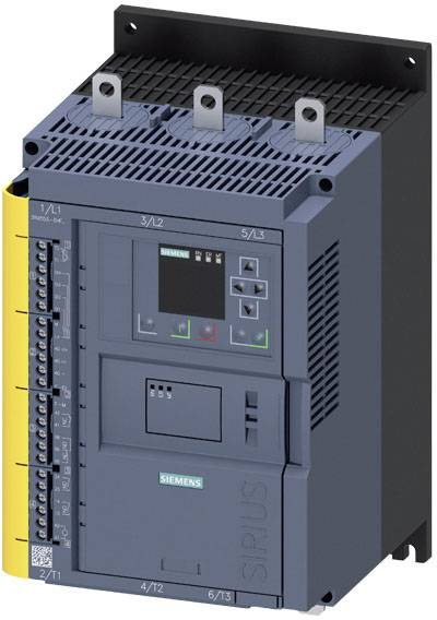 Démarreur moteur industriel de Siemens avec différentes connexions de commande et de sortie, des voyants LED et un affichage numérique.