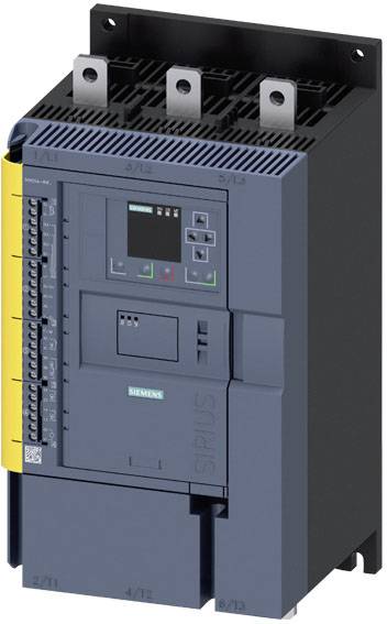Un démarreur progressif Siemens SIRIUS pour commande de moteur, de couleur grise, avec plusieurs connexions et un affichage numérique pour les réglages.