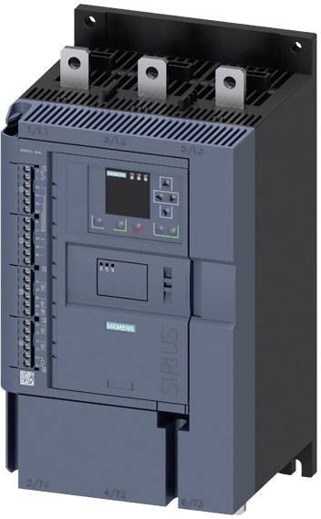 'Démarreur progressif Siemens Sirius SIRIUS 3RW50' en perspective verticale, avec des connexions et des éléments de commande visibles.
