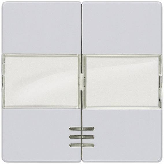 Un interrupteur double blanc avec des touches rectangulaires, divisé verticalement au centre par une ligne, avec trois lignes horizontales en dessous.
