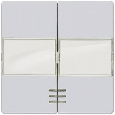 Un interrupteur double blanc avec des touches rectangulaires, divisé verticalement au centre par une ligne, avec trois lignes horizontales en dessous.