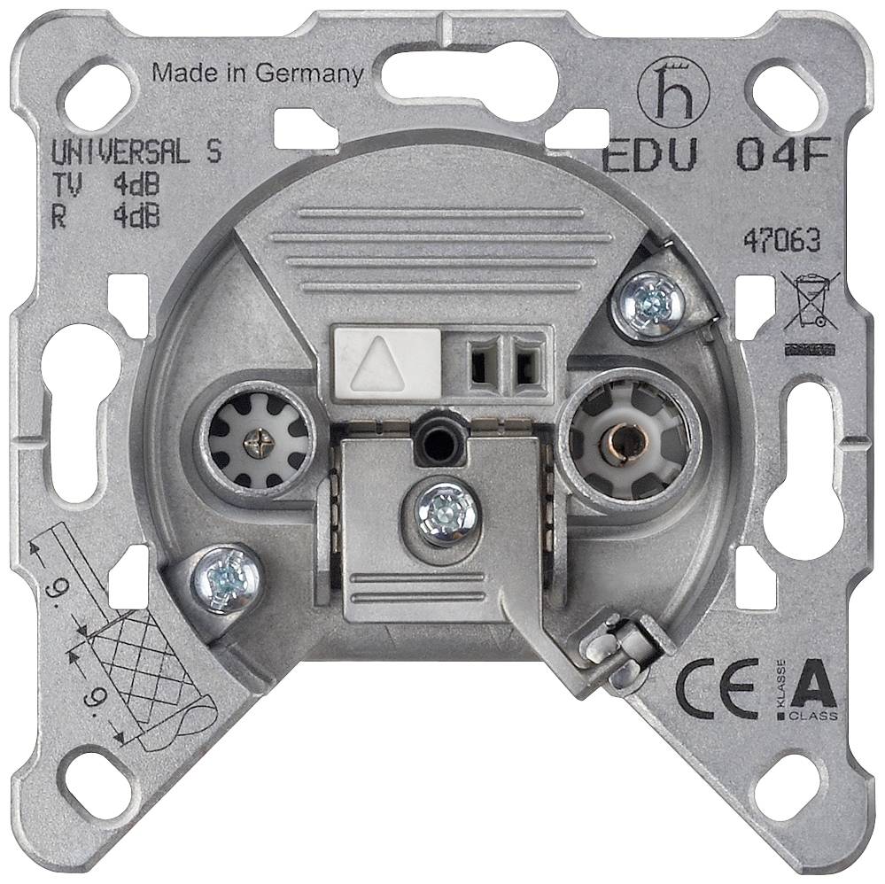 Prise de raccordement pour TV et radio, avec deux connexions coaxiales et connexions à vis, marquée 'Made in Germany', 'UNIVERSAL S', 'EDU 04F'.