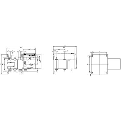 Dessin technique d'un ensemble mécanique avec cotes dans trois vues : vue de face, vue de côté et vue de dessus.