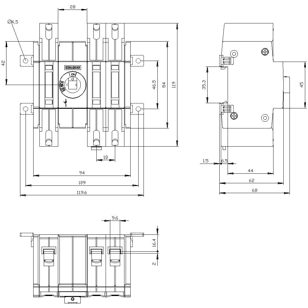 Dessin technique d'un interrupteur électrique avec dimensions en millimètres, présentant les vues de face, de côté et de dessus des composants.