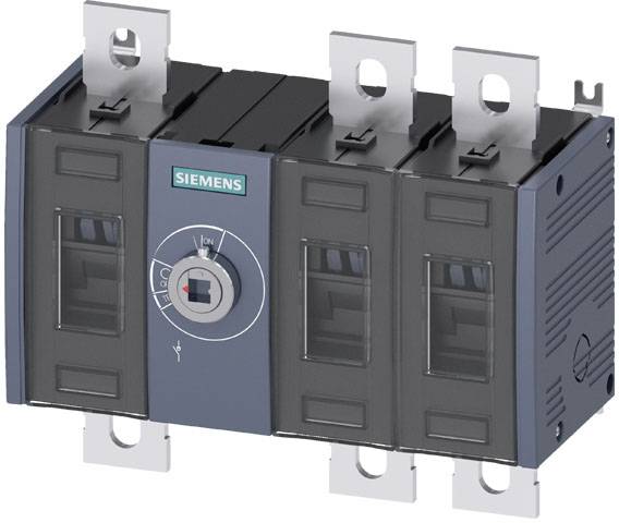Disjoncteur électrique Siemens avec commutateur rotatif central, monté sur des supports métalliques.
