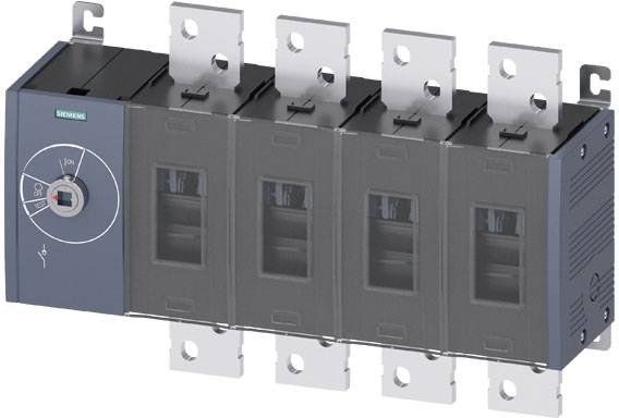 Un disjoncteur électrique à quatre pôles avec un commutateur rotatif de commande. Fabriqué par Siemens, pour des applications industrielles.