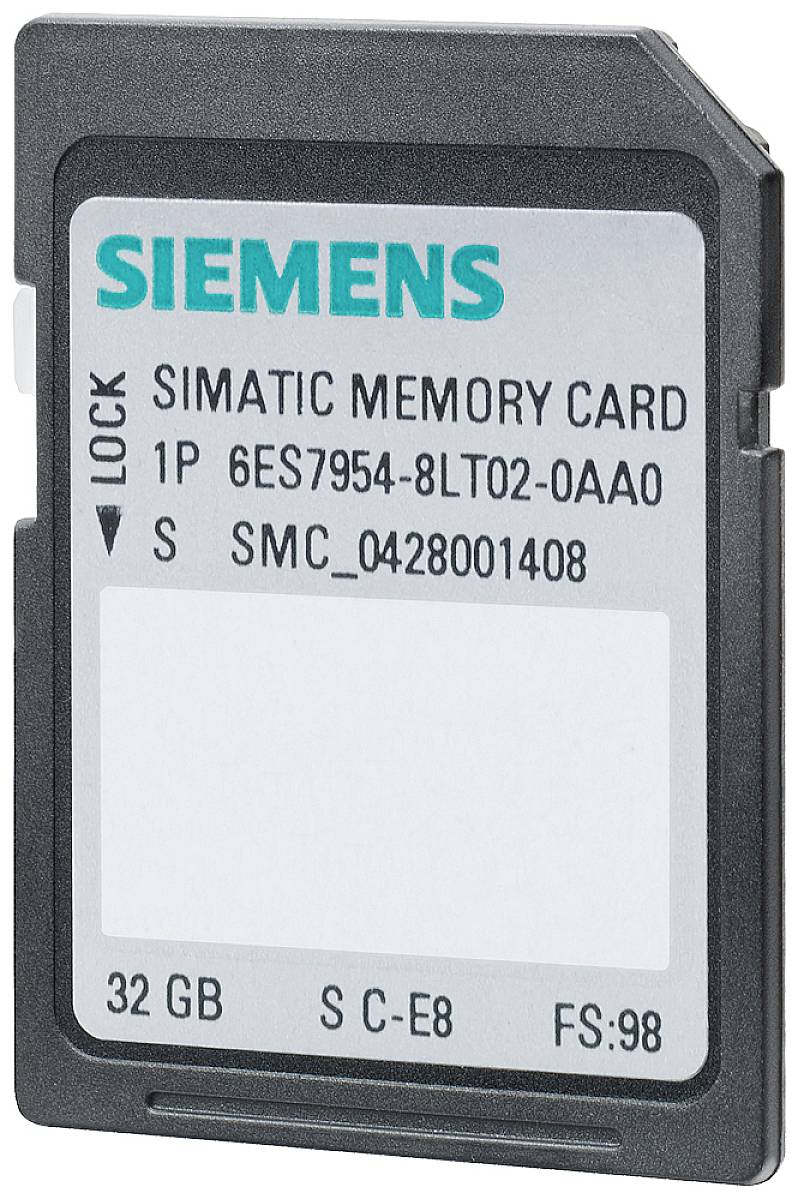 Une carte mémoire Siemens SIMATIC de 32 Go. Référence produit : 6ES7954-8LT02-0AA0. Utilisée pour le stockage de données dans les appareils.