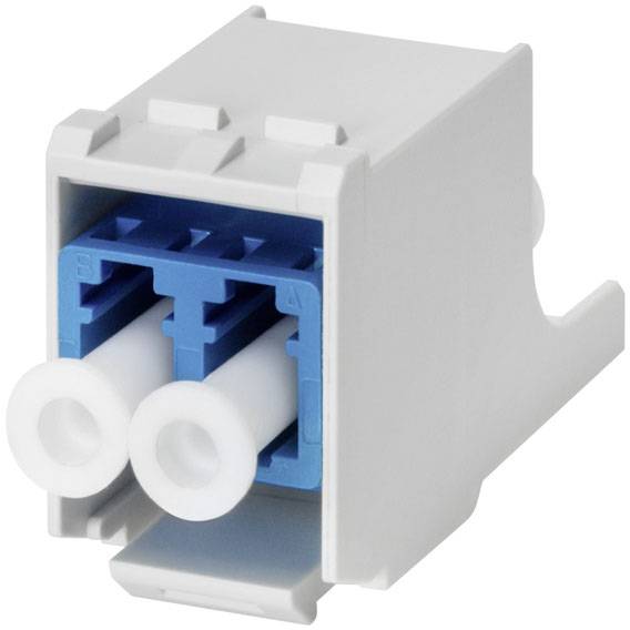 Un module LWL duplex LC blanc et bleu avec deux connexions optiques, généralement utilisé dans les installations réseau.