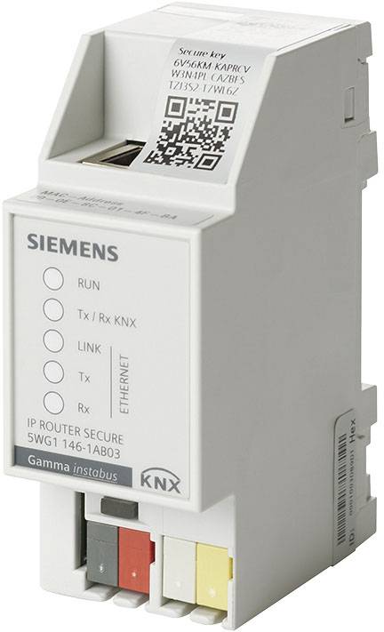 Un routeur IP Siemens blanc Secure pour installations KNX avec connexion Ethernet et voyants d'état, intitulé 'Gamma instabus'.