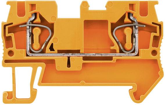 Un bloc de connexion électrique orange avec des éléments métalliques pour la fixation et la connexion de fils dans des circuits électriques.