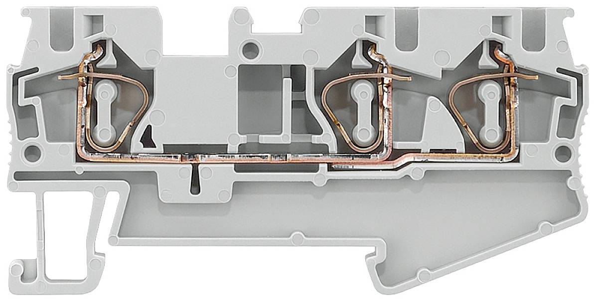 Bloc de bornes électrique gris-orangé avec des connexions métalliques, montrant la structure interne d'une borne de distribution électrique.