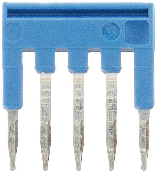 Connecteur électrique bleu avec cinq broches métalliques, aligné verticalement.