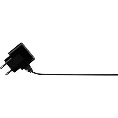 Un chargeur noir avec une fiche européenne est branché à un câble de charge.