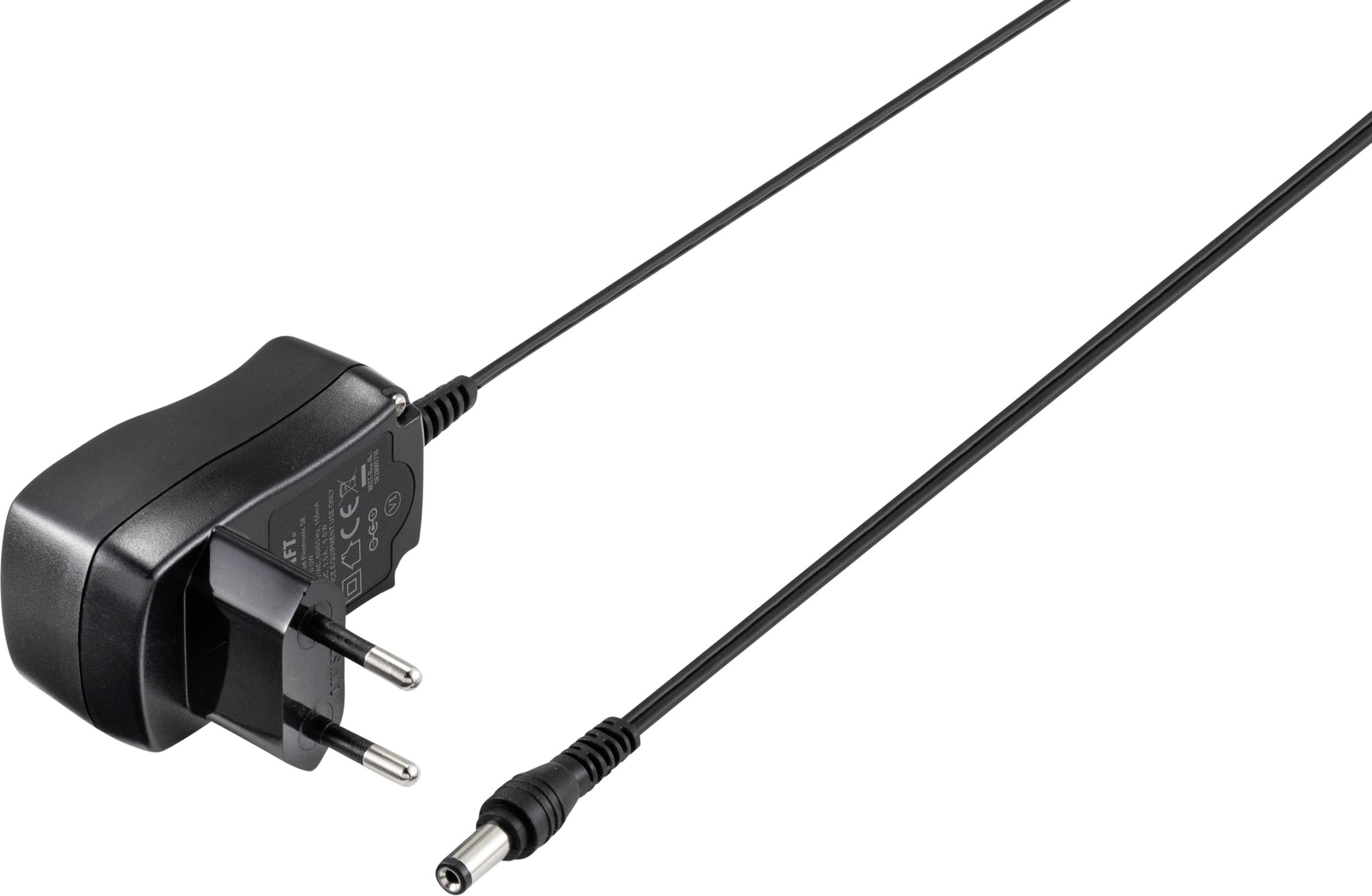 Adaptateur secteur noir avec fiche européenne et câble fin, se terminant par une petite prise ronde. Utilisé pour les appareils électroniques.