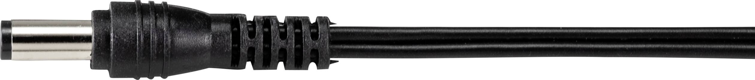 Câble noir avec une fiche métallique ronde, typique des connexions électroniques, sur fond blanc.
