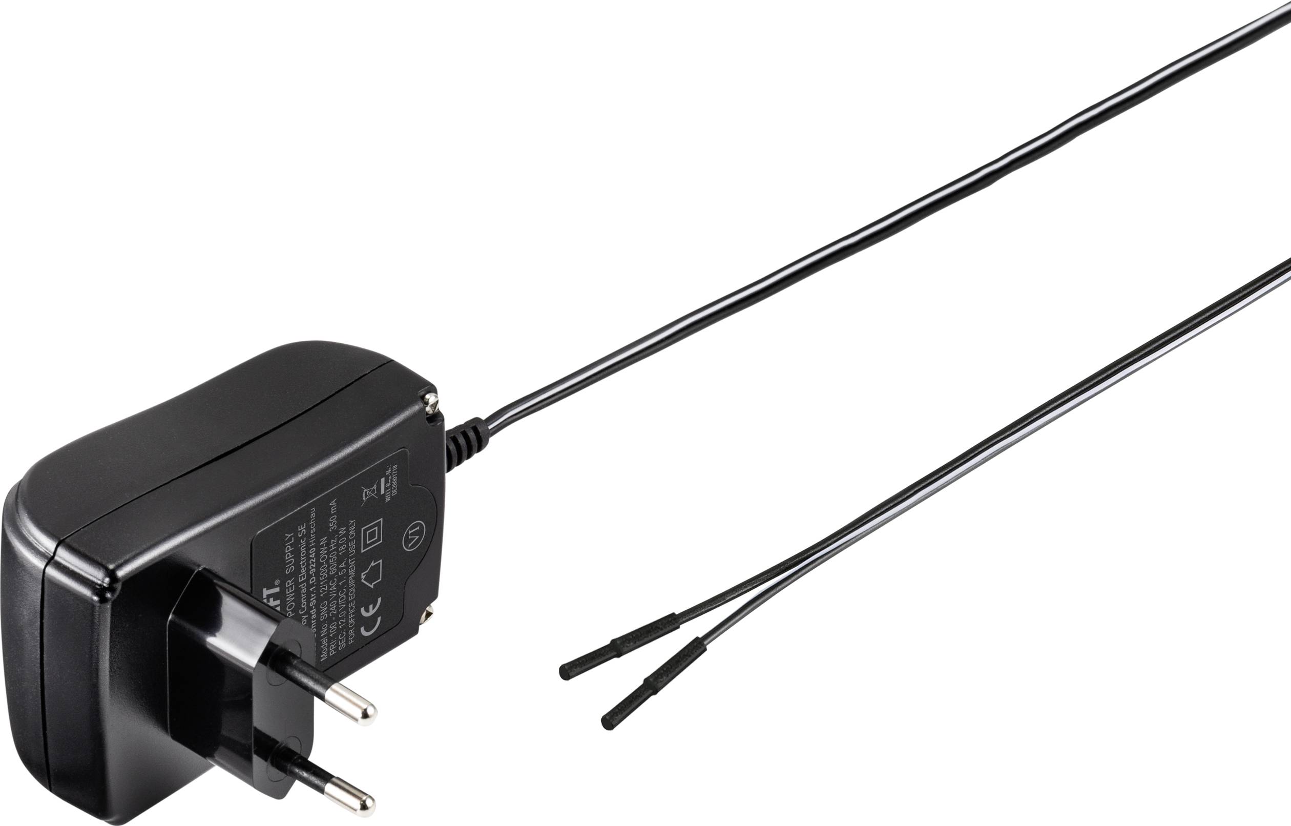 Adaptateur secteur noir avec fiche européenne et deux câbles longs pour l'alimentation électrique, adapté aux appareils électroniques.