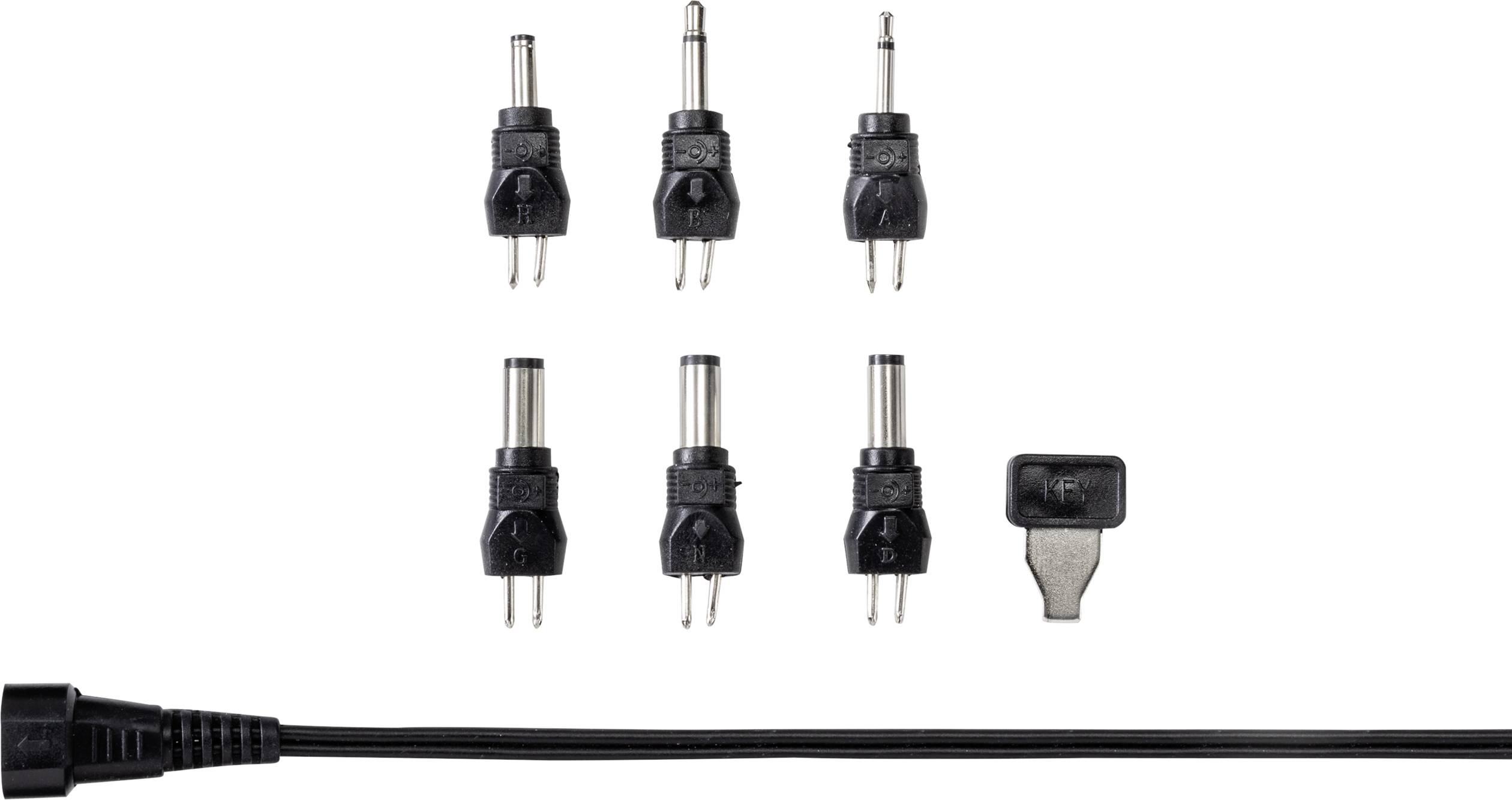 Six fiches d'adaptation noires différentes et un adaptateur combinés, adaptés à divers connecteurs d'appareils.