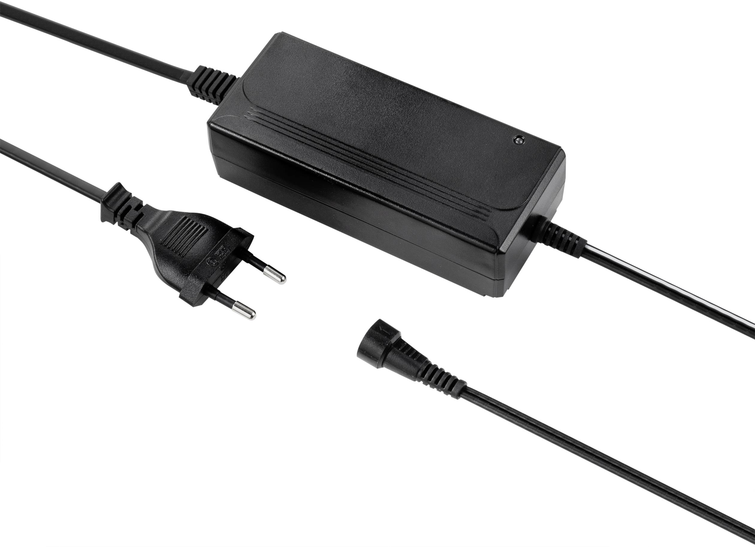 Un bloc d'alimentation noir avec une fiche européenne à gauche et une fiche ronde à droite. Adapté aux appareils électroniques.