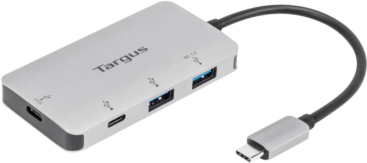 Un hub USB-C argenté de la marque 'Targus', offrant plusieurs ports USB, est posé sur une surface blanche.