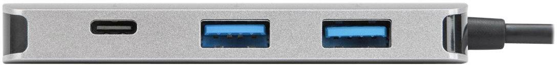 Un hub USB avec deux ports USB 3.0 bleus et un port USB-C, connecté par un câble noir.
