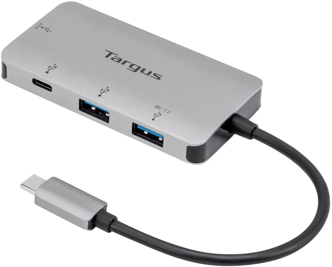 Un hub USB-C argenté avec plusieurs ports, comprenant un port USB-C et trois ports USB, relié par un court câble.