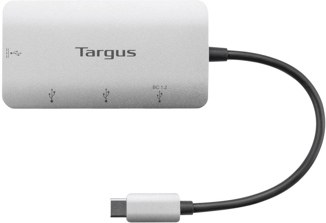 Un adaptateur USB-C vers USB-A de Targus avec trois ports USB et indication de charge BC 1.2. L'adaptateur est de couleur argent.