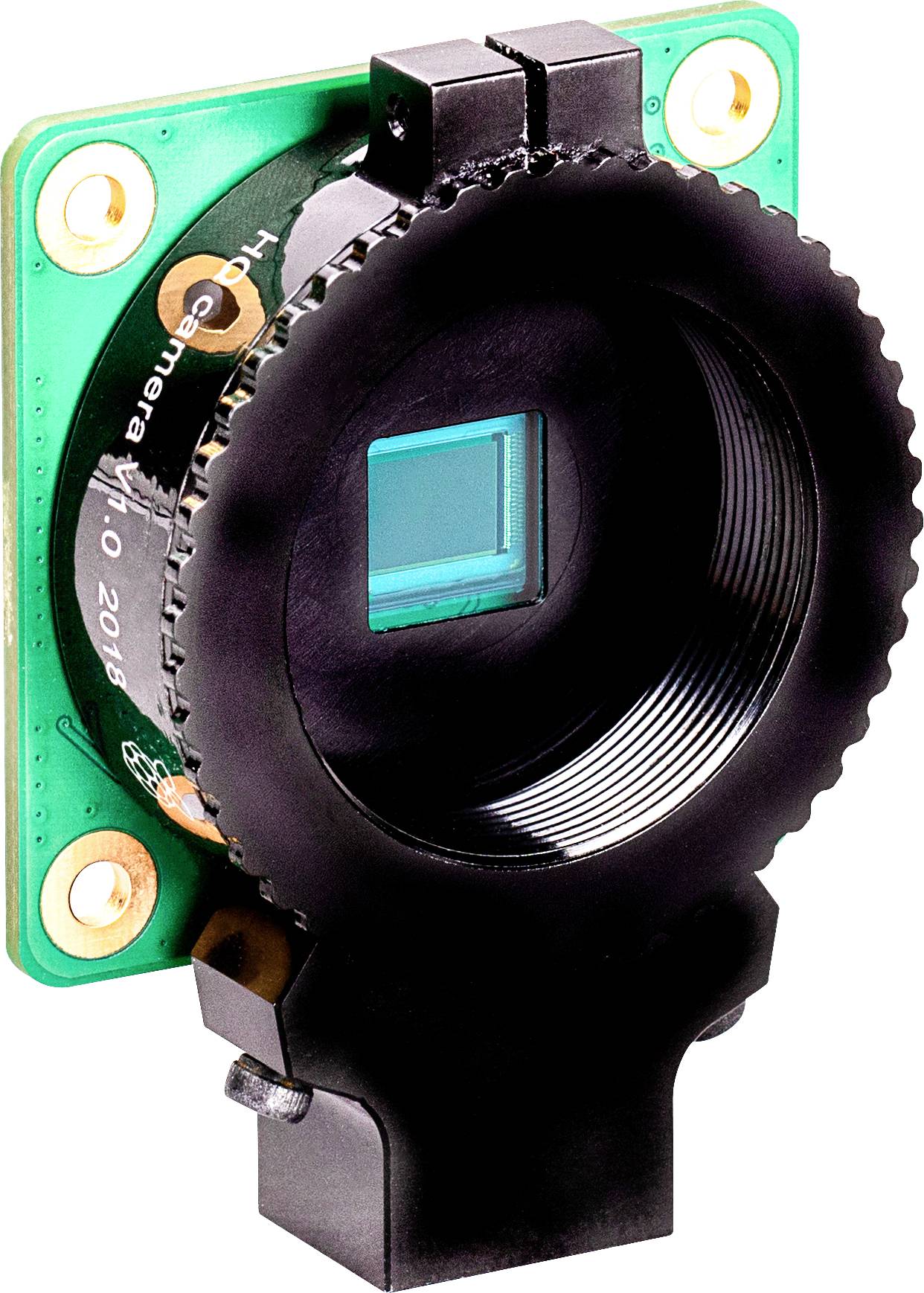 Module de technique caméra avec support d'objectif et capteur visible, monté sur un circuit imprimé vert. Quatre trous de fixation sont visibles.