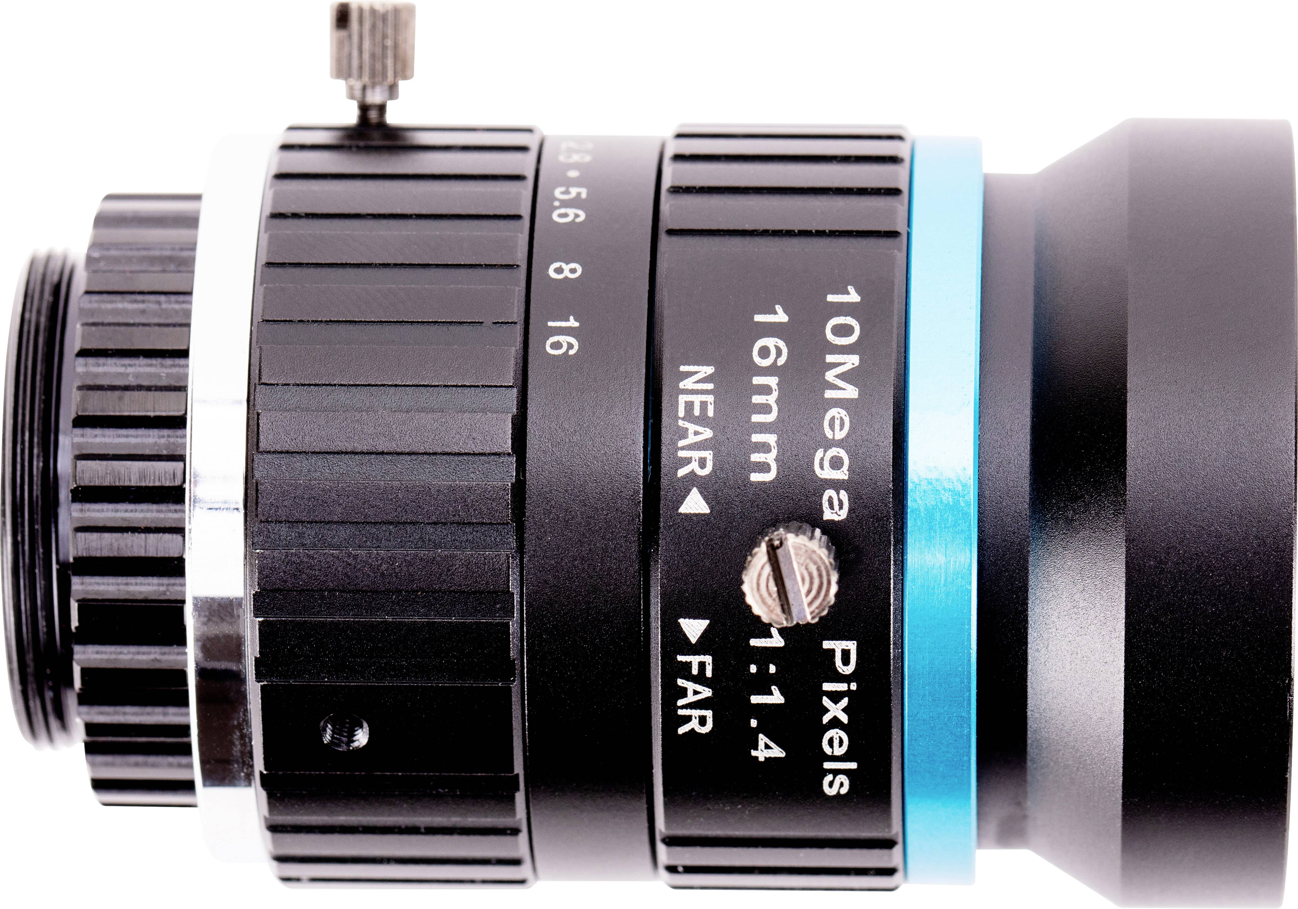 Objectif de caméra avec marquage bleu, focale de 16 mm, 10 mégapixels, ouverture f/1.4, mise au point de "PROCHE" à "LOINTAIN".