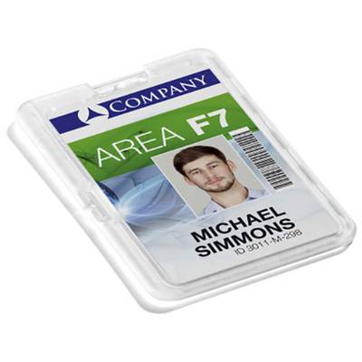 Badge d'employé avec photo d'un homme, logo de l'entreprise, texte 'AREA F7' et nom 'MICHAEL SIMMONS', ID '3011-M-298'.