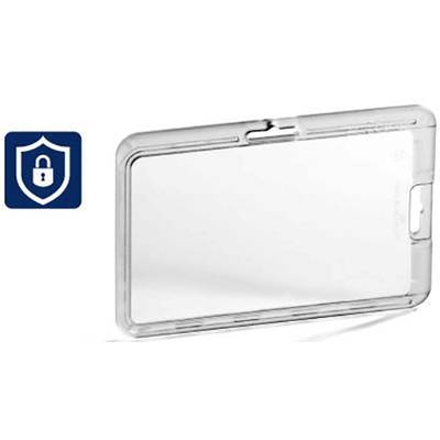 Étui transparent pour une carte d'identité ou une carte, à côté d'un symbole de sécurité avec un cadenas dans un bouclier.