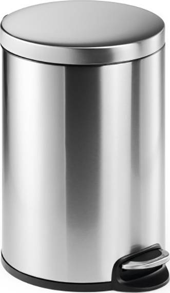 Une poubelle ronde en argent avec pédale, idéale pour la cuisine ou la salle de bain, est droite sur une surface lisse.