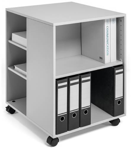 Un classeur blanc à roulettes avec quatre compartiments, rempli de dossiers et d'un livre portant l'inscription 'Communication'.