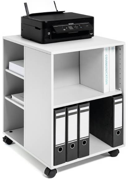 Un chariot blanc avec une imprimante posée dessus. Les casiers contiennent des classeurs et du papier. Équipement de bureau pour l'impression et le rangement.