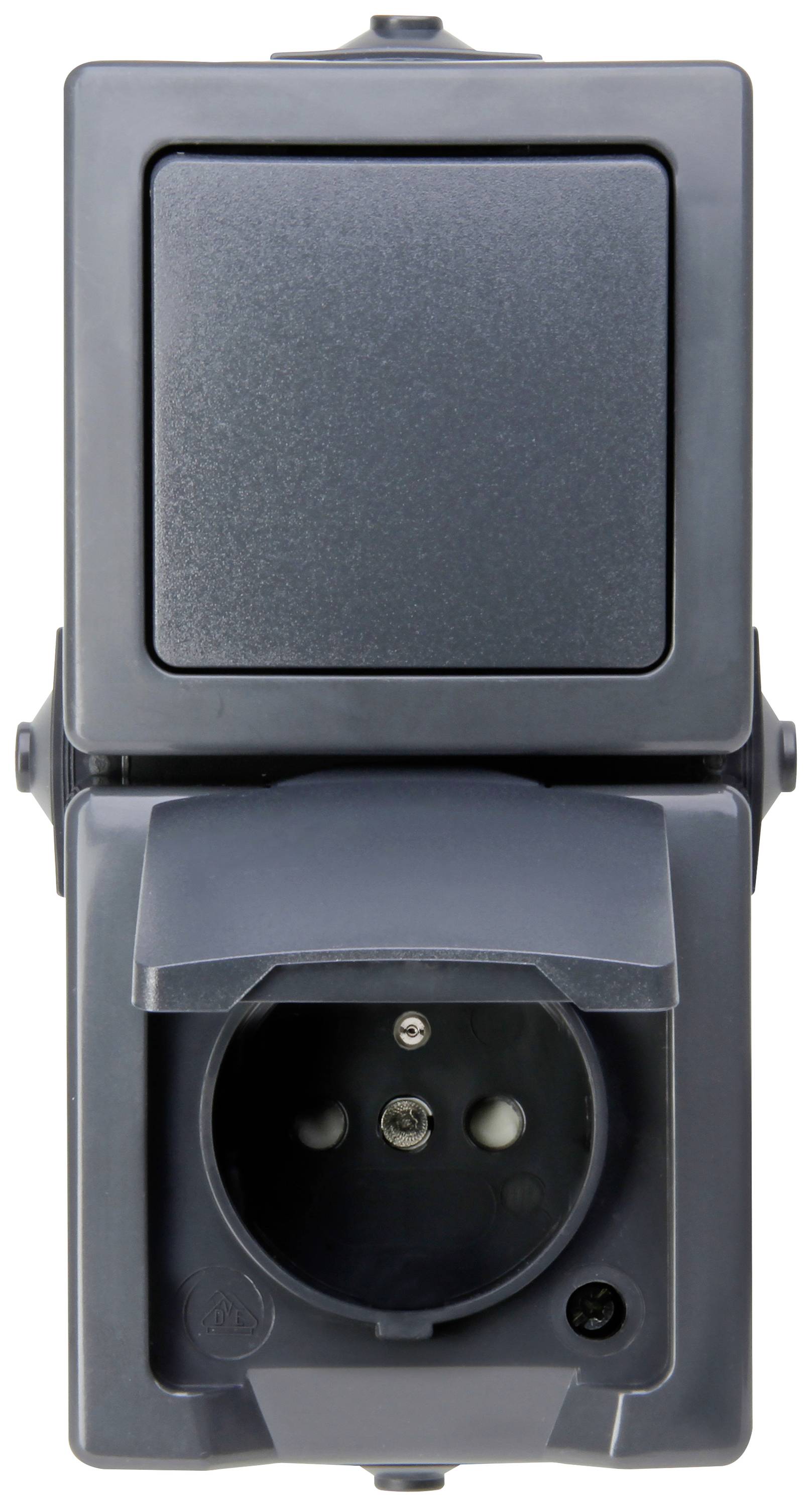 Prise double avec couvercle de protection en position fermée, adaptée à une utilisation en extérieur ou dans des environnements humides.