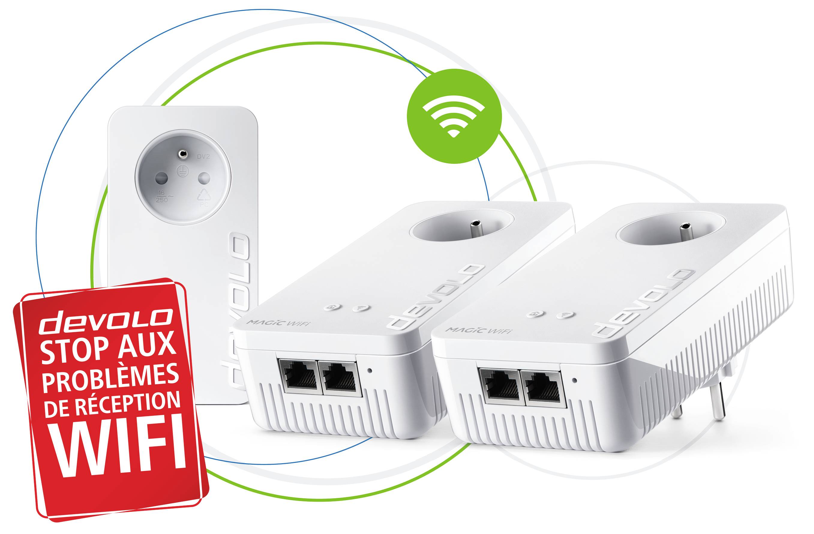 Deux adaptateurs blancs avec ports Ethernet et fonction prise de courant, reliés par un symbole Wi-Fi vert. Étiquette : 'MAGIC LAN'.