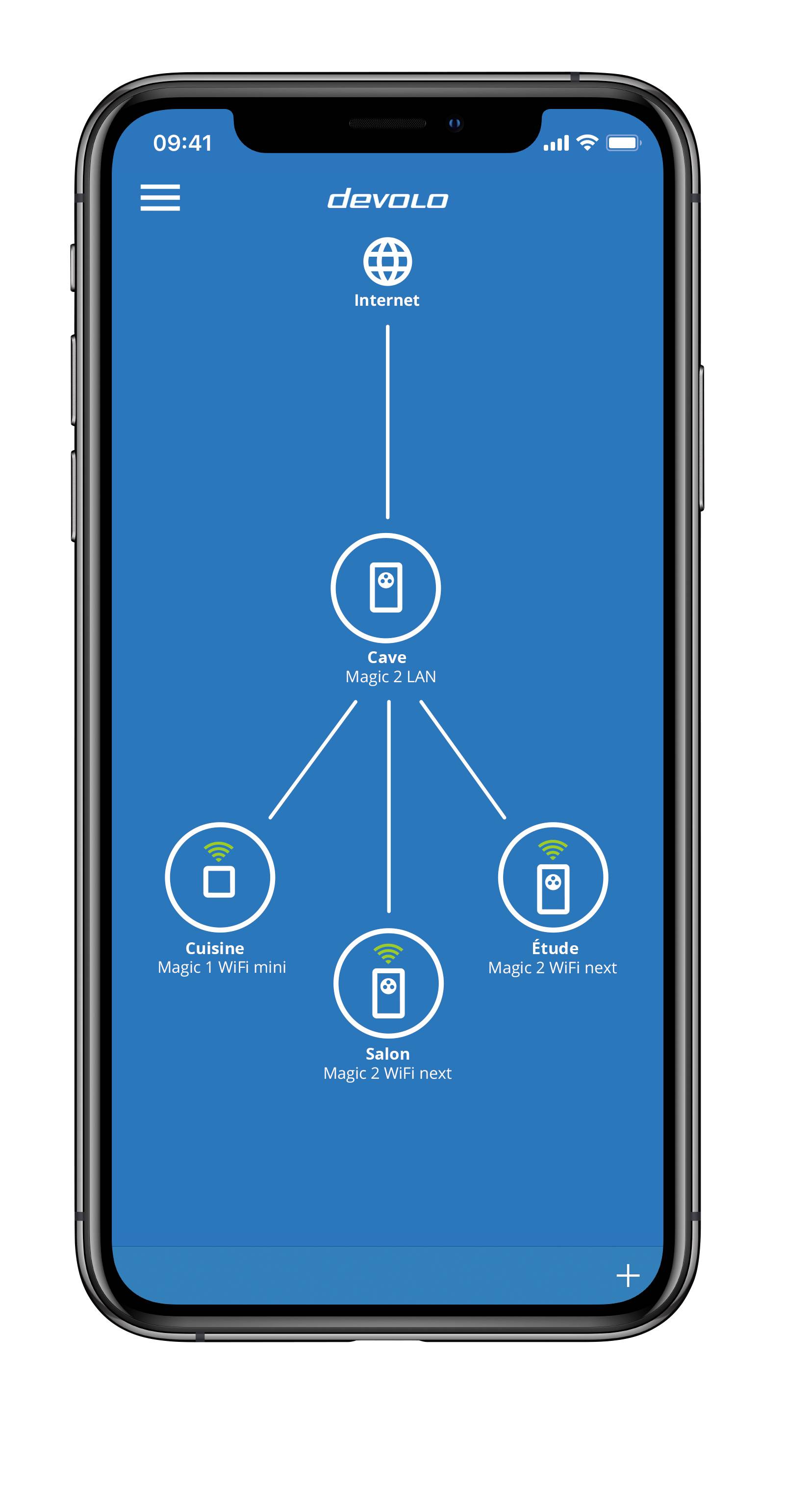Représentation schématique d'une maison avec un répéteur Wi-Fi à chaque étage. Un homme utilise un smartphone capté par le répéteur.
