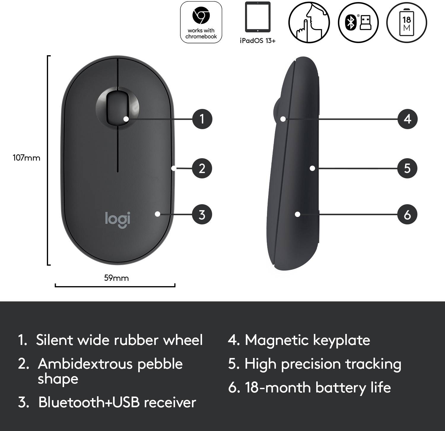 Logitech Pebble M350 Souris Bluetooth, radio optique noir 3 Boutons 1000 dpi Touches à frappe silencieuse-7